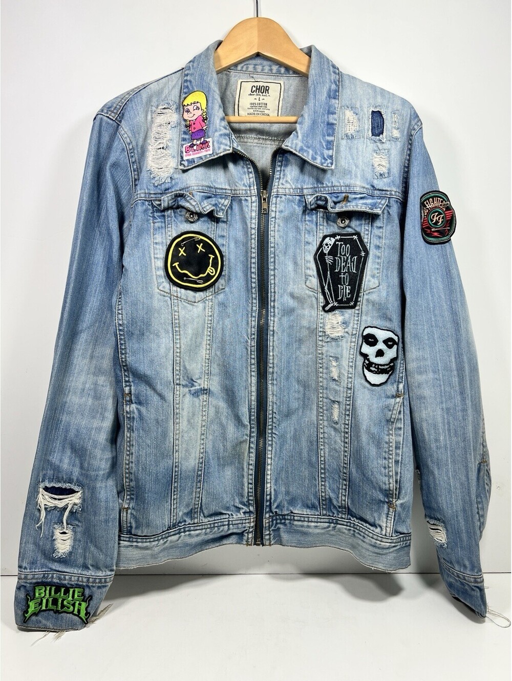Chor Denim Jacket Women L  Rock Band Patches Blink 182 Foo Fighters Distressed